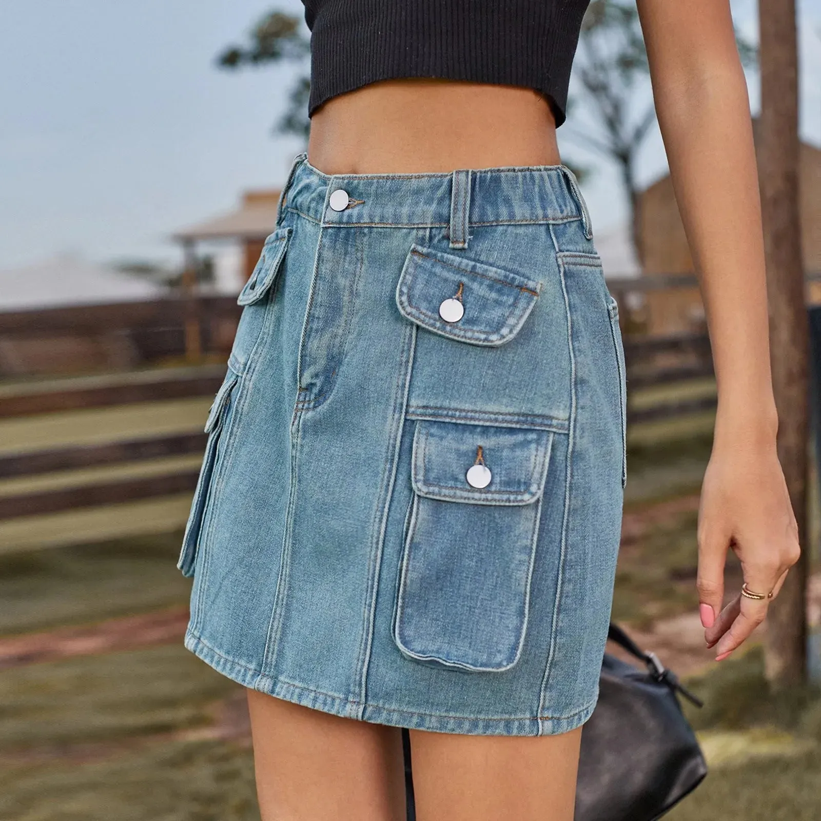 2024 Denim Skirt Street Tooling Style Flap Ribbon Details Workwear High Street Skirt