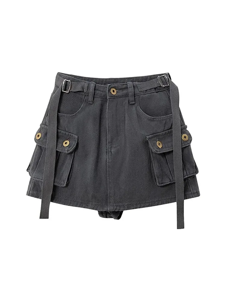 Aiertu Grey Mini Skirts Women High Waist Cargo Skirt Fashion Autumn Winter Woman Skirt Streetwear Short Skirts Pockets For Women