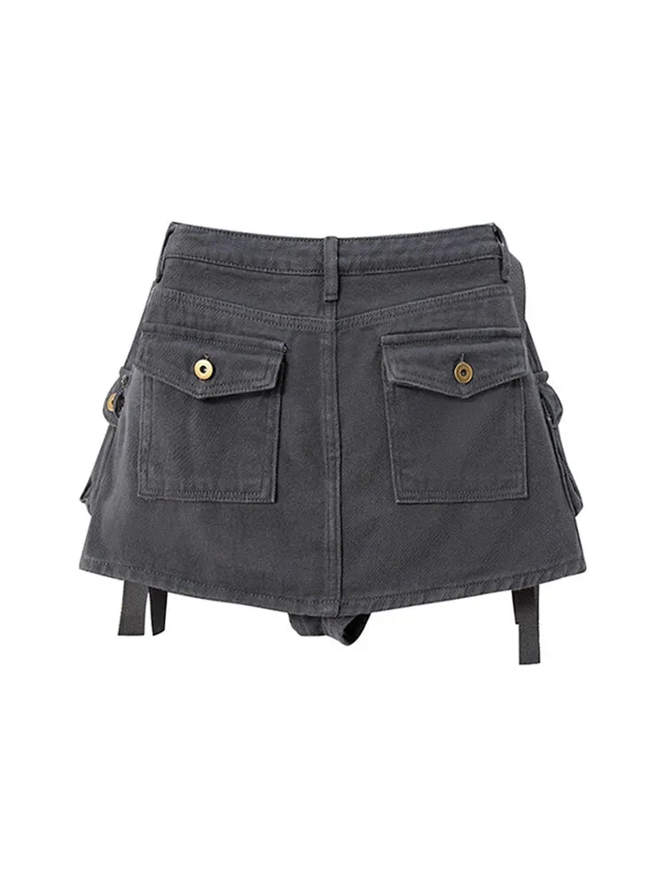 Aiertu Grey Mini Skirts Women High Waist Cargo Skirt Fashion Autumn Winter Woman Skirt Streetwear Short Skirts Pockets For Women