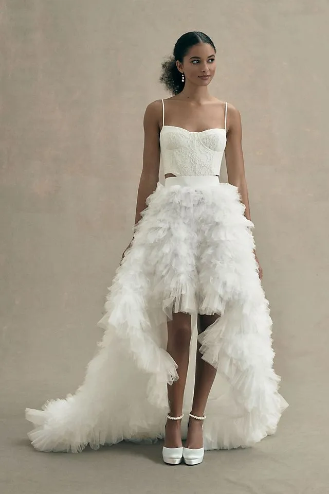 Aphrodite Morphine Fashion Tiered Ruffle High Neck Tulle Wedding Skirt , ivory