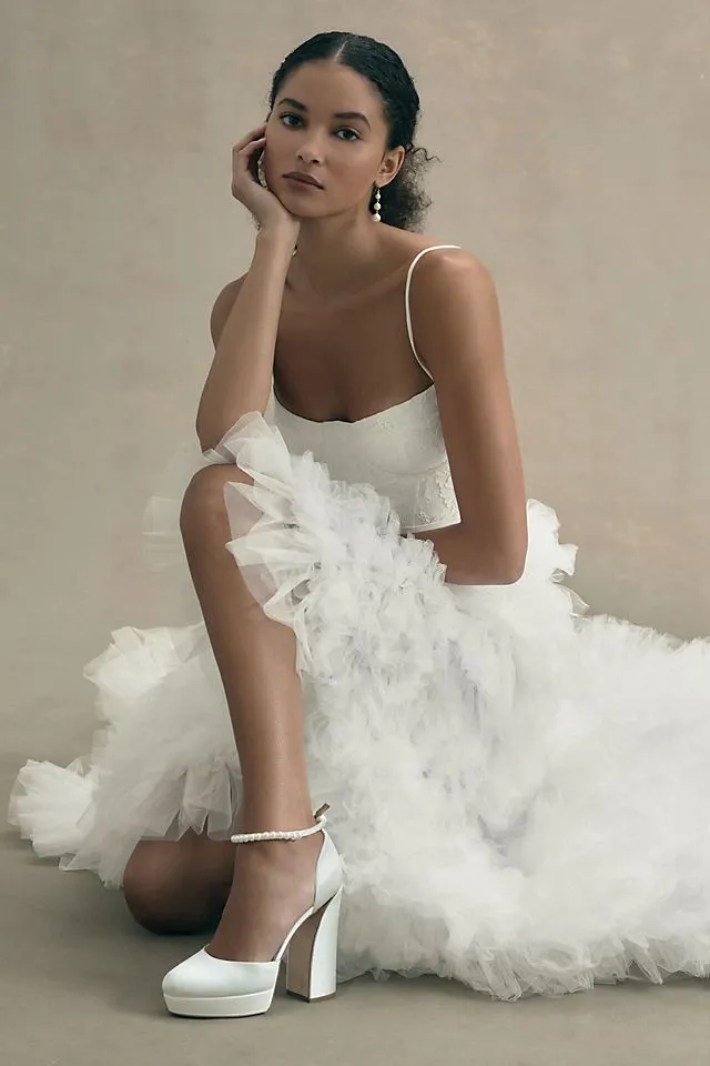 Aphrodite Morphine Fashion Tiered Ruffle High Neck Tulle Wedding Skirt , ivory