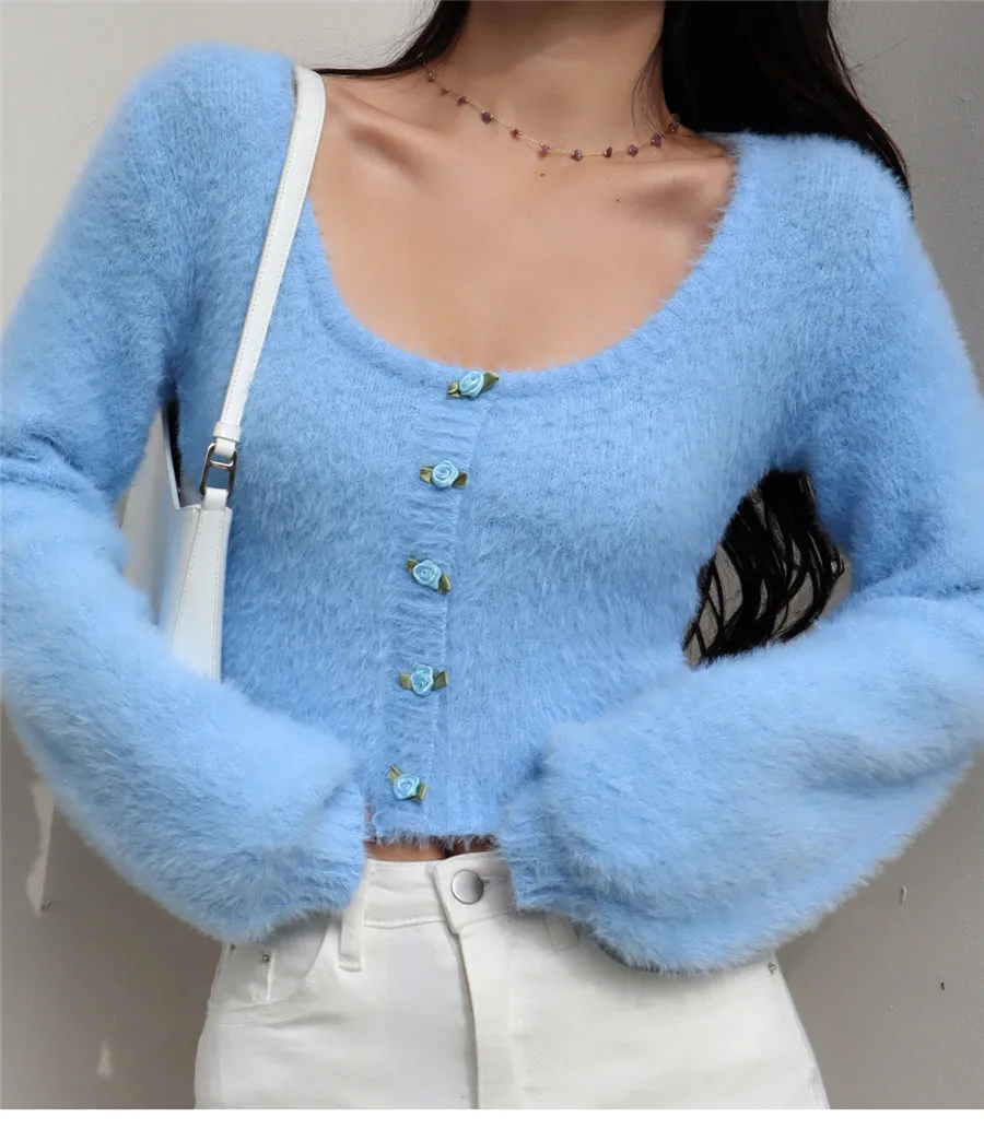 Aria Rose Button Fuzzy Crop Cardigan in Blue