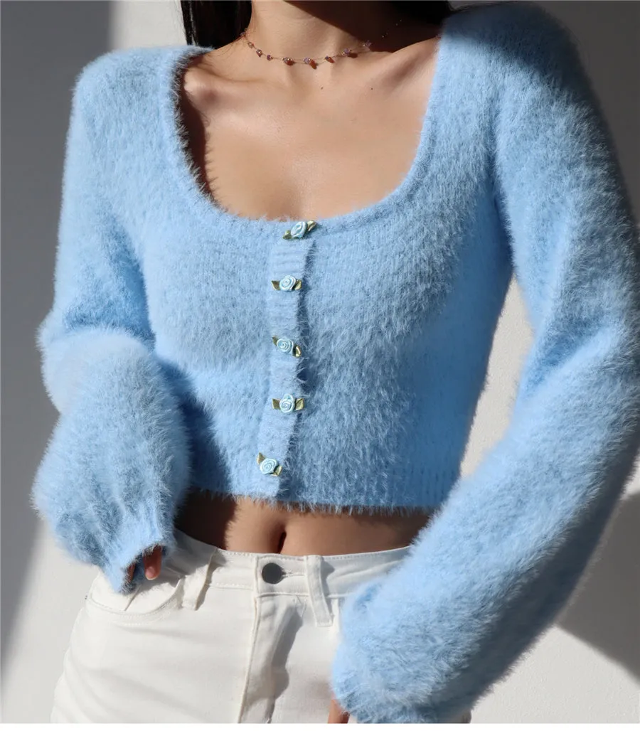 Aria Rose Button Fuzzy Crop Cardigan in Blue