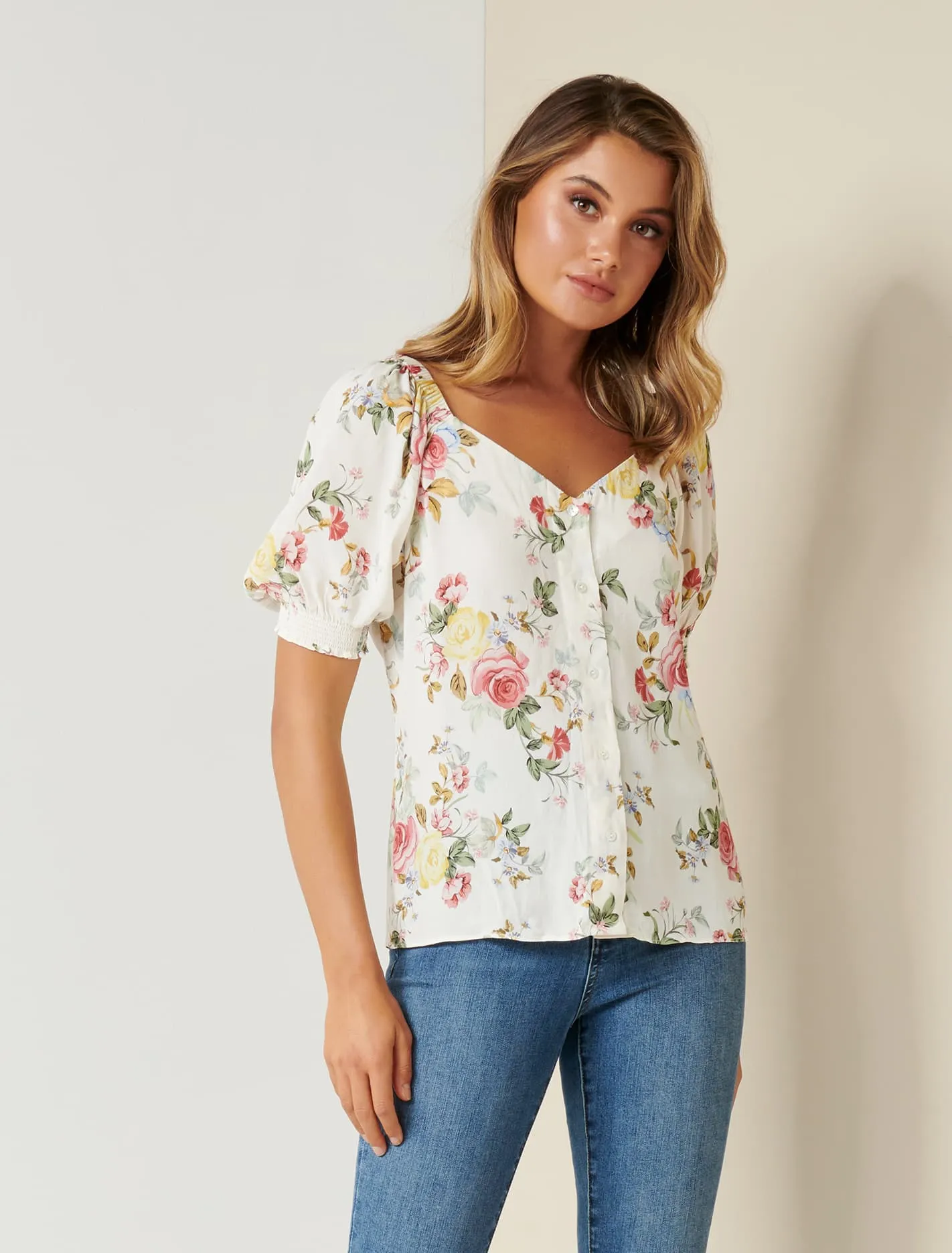 Audrey Puff Sleeve Button Through Blouse