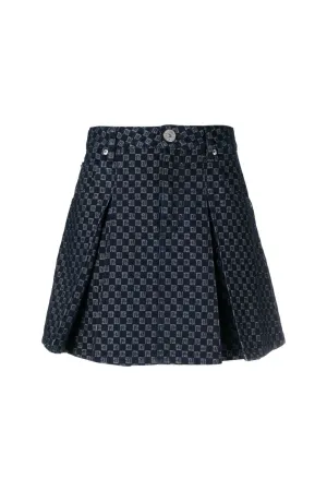 Balmain Pleated Monogram Denim Mini Skirt - Denim Blue