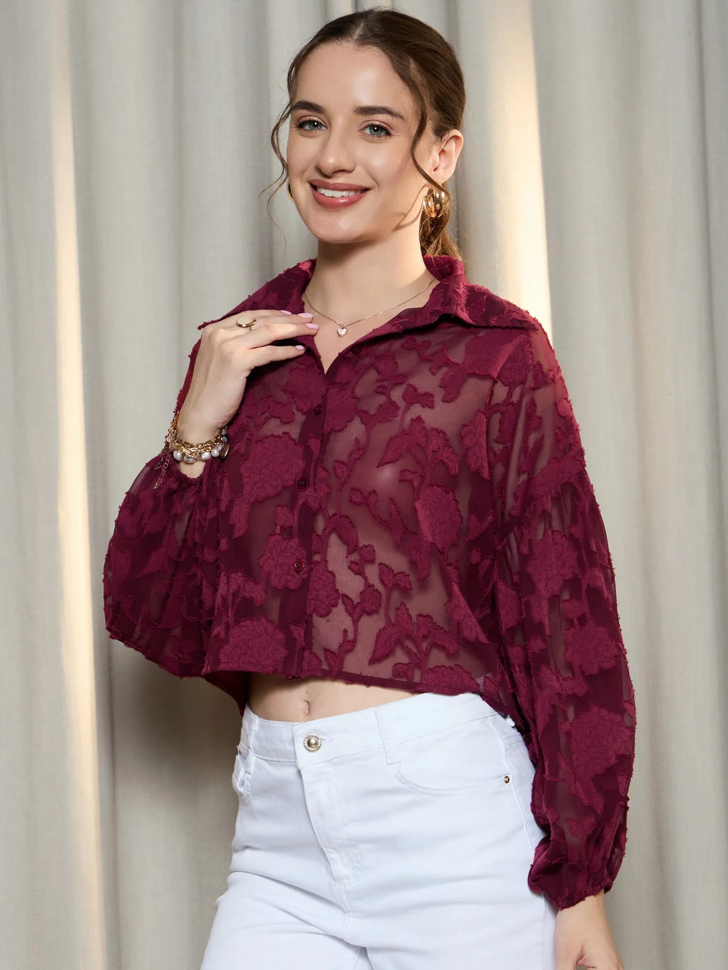 Berrylush Women Maroon Floral Printed Spread Collar Neck Bishop Sleeves Button-Up Regular Top