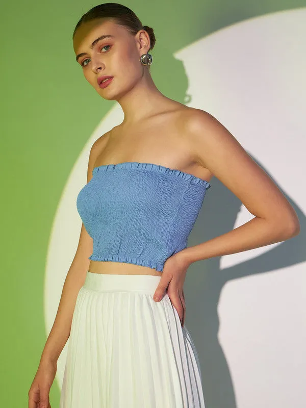 Berrylush Women Solid Light Blue Strapless Neck Sleeveless Backless Smocked Crop Tube Top