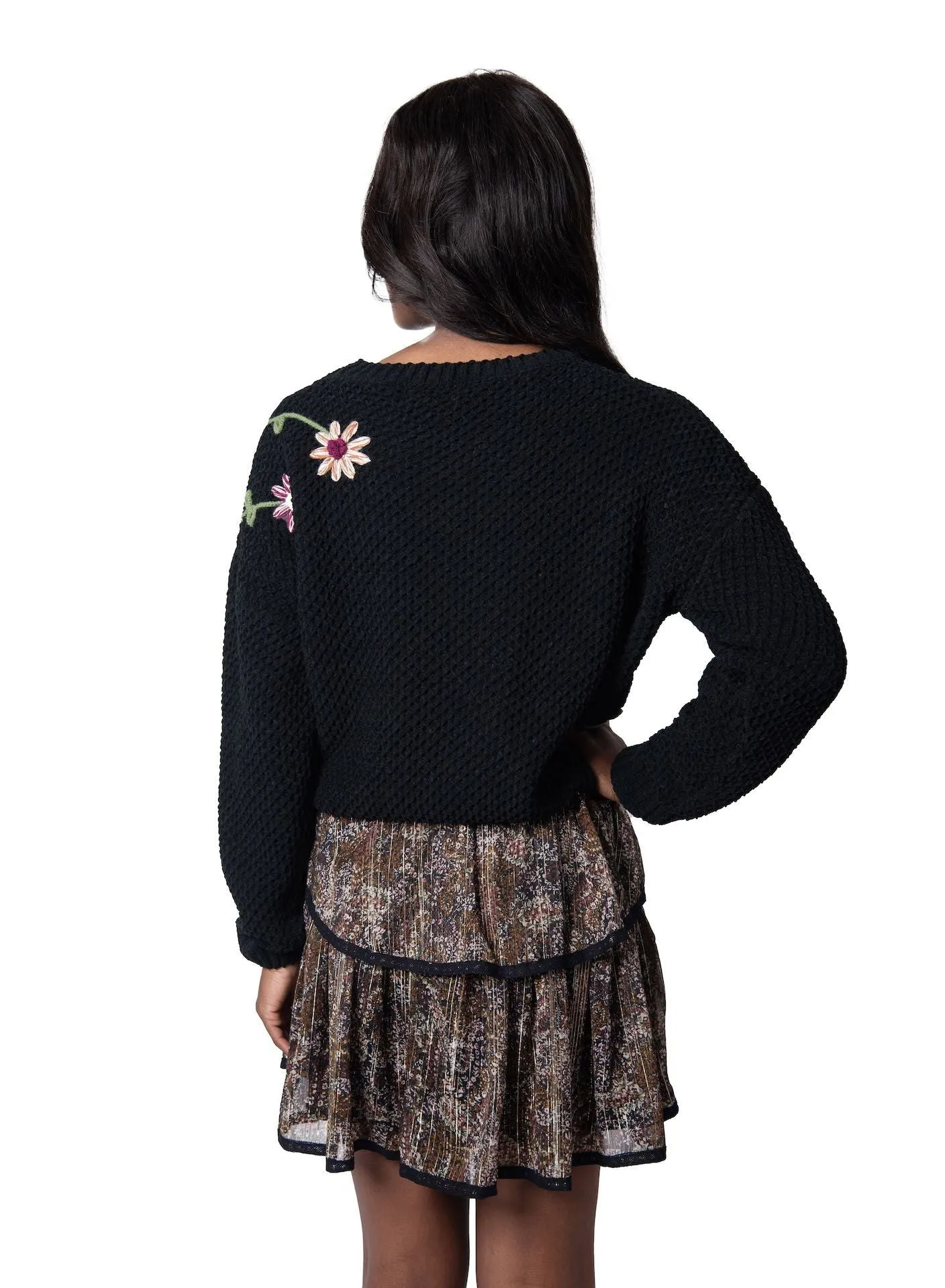 Black Embroidered Floral Chenille Sweater