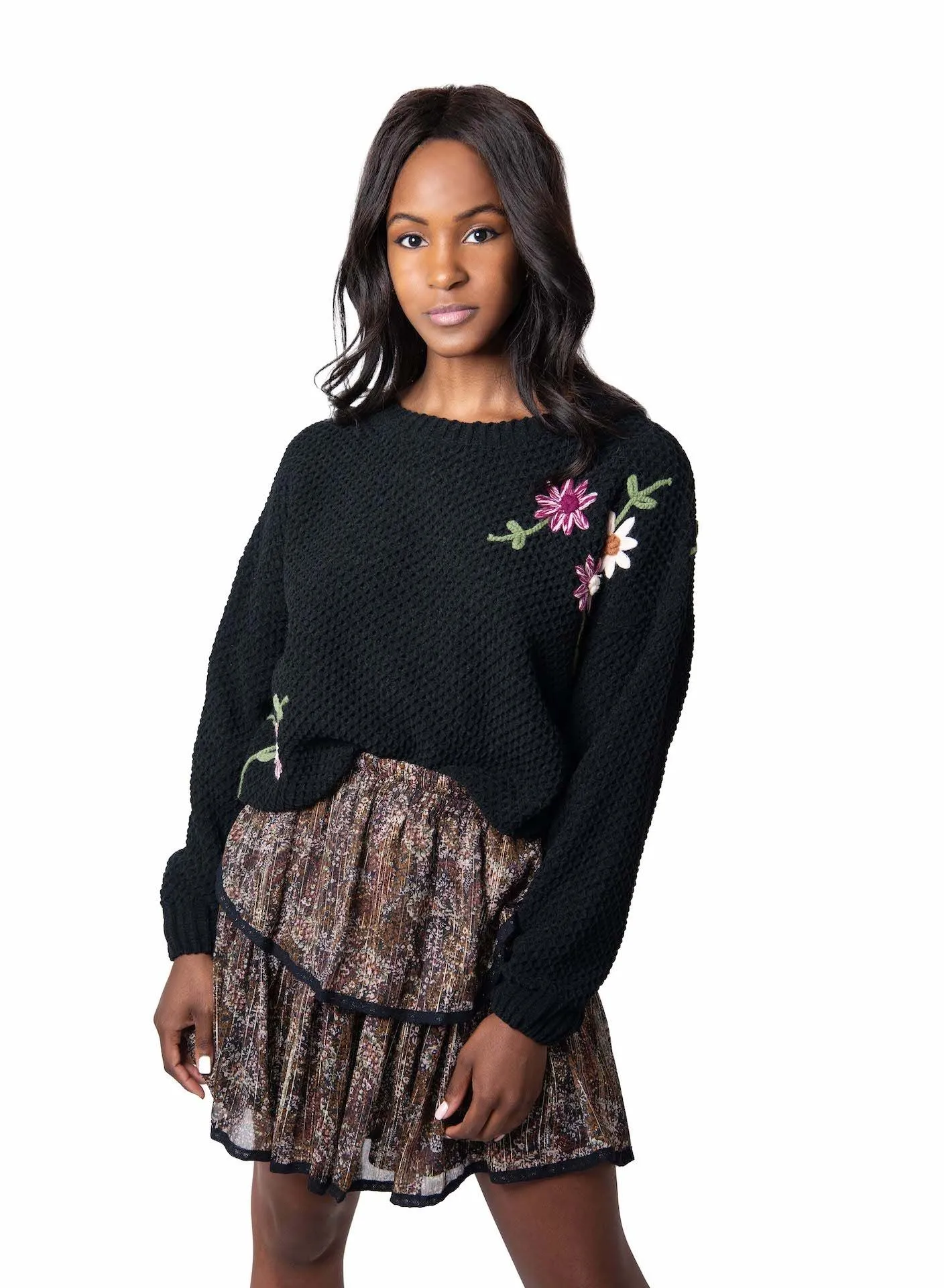 Black Embroidered Floral Chenille Sweater