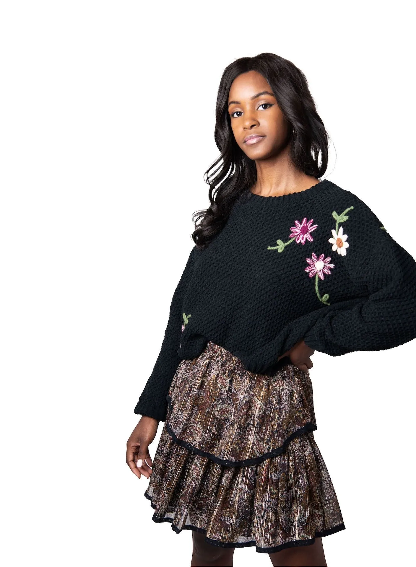 Black Embroidered Floral Chenille Sweater