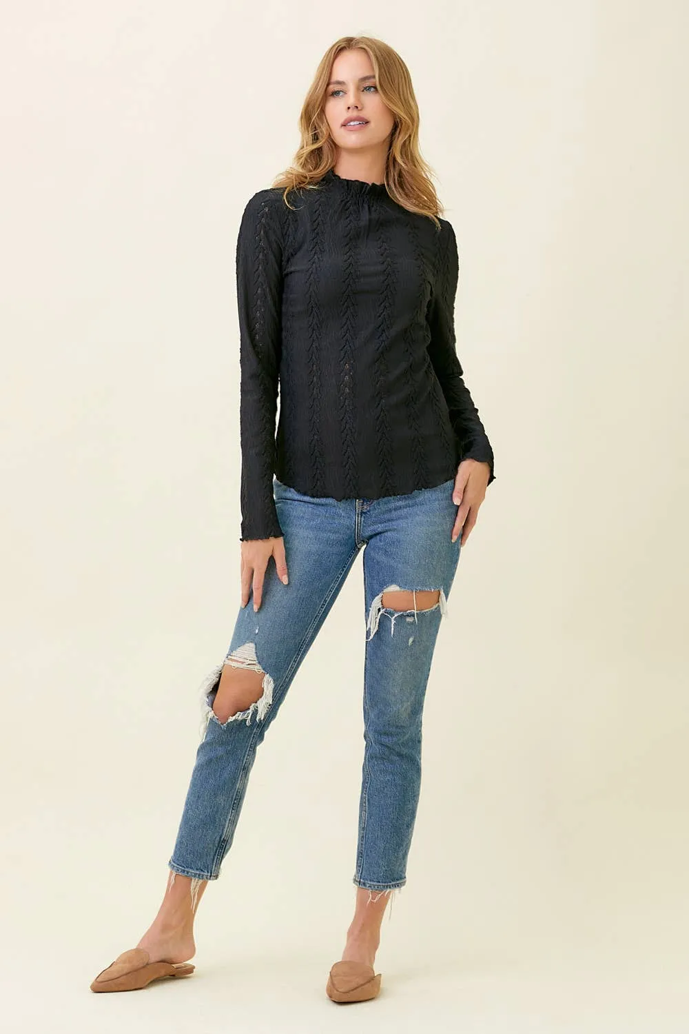 Black Mock Neck Lettuce Edge Textured Top