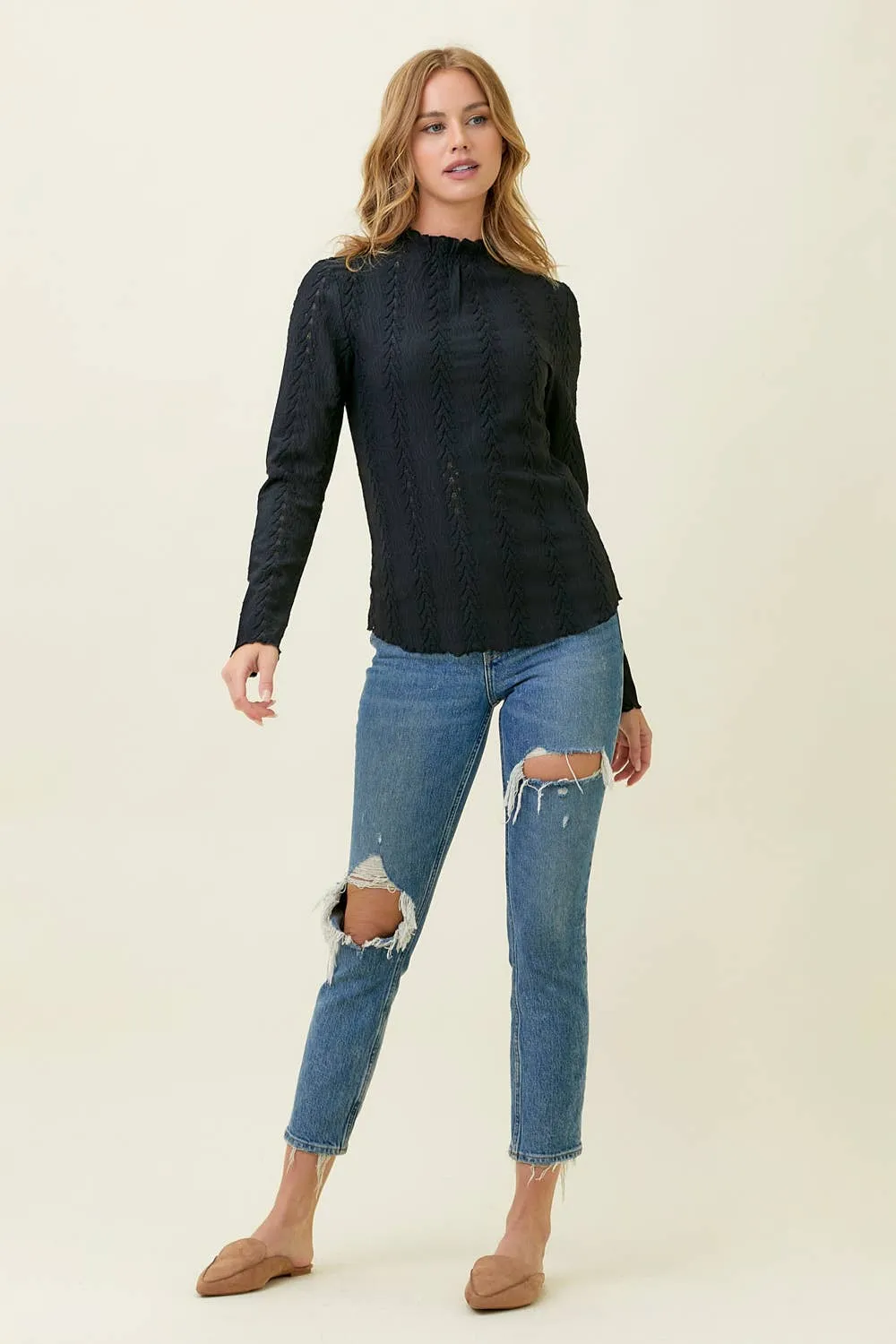 Black Mock Neck Lettuce Edge Textured Top