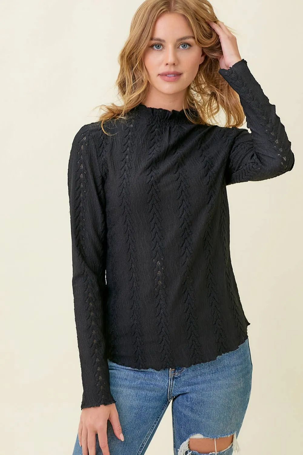 Black Mock Neck Lettuce Edge Textured Top