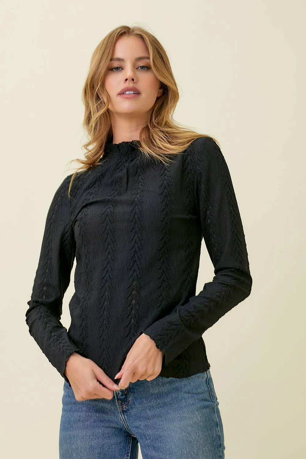 Black Mock Neck Lettuce Edge Textured Top