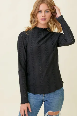 Black Mock Neck Lettuce Edge Textured Top