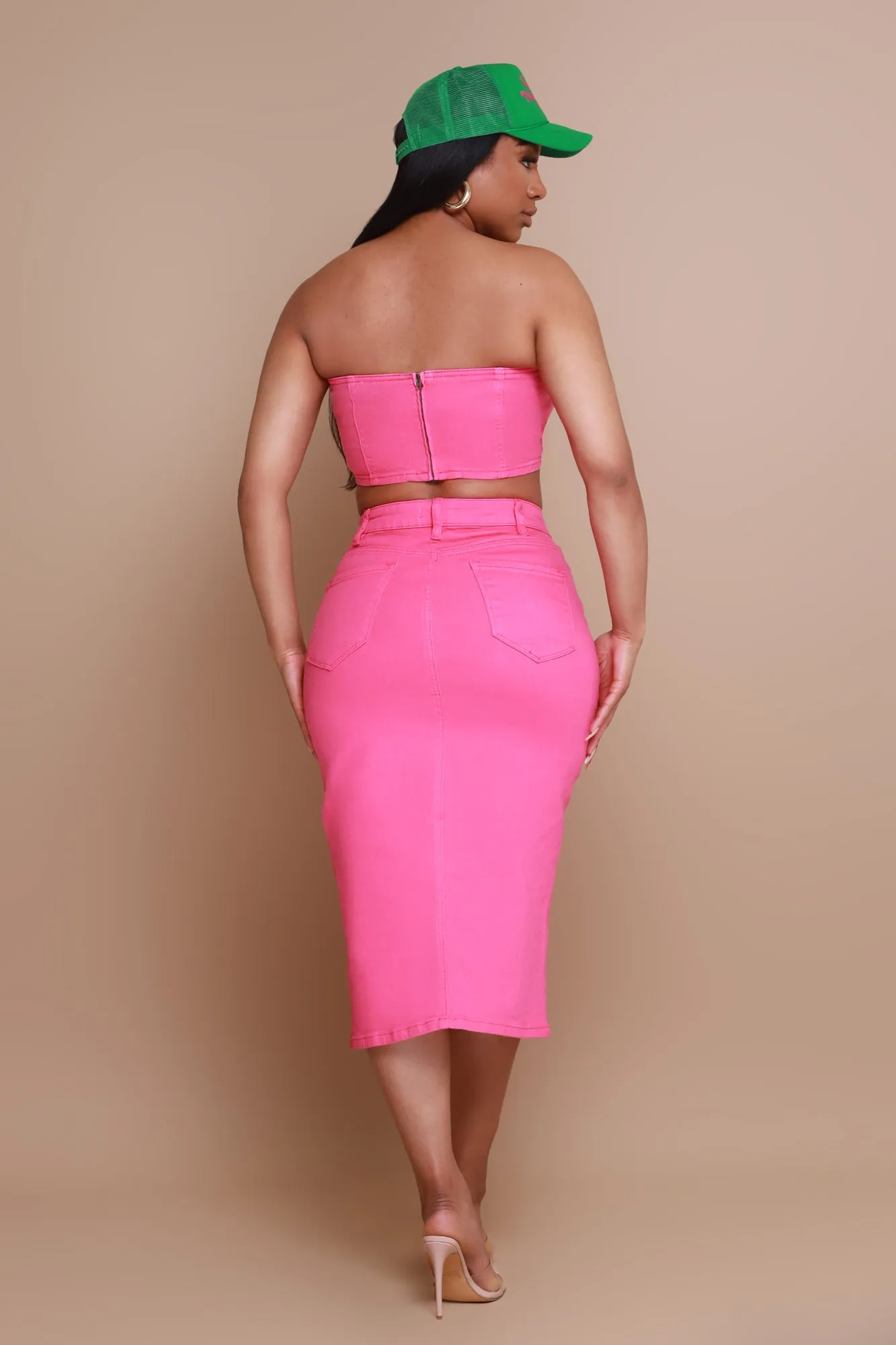 Candy Shop Denim Midi Skirt - Fuchsia