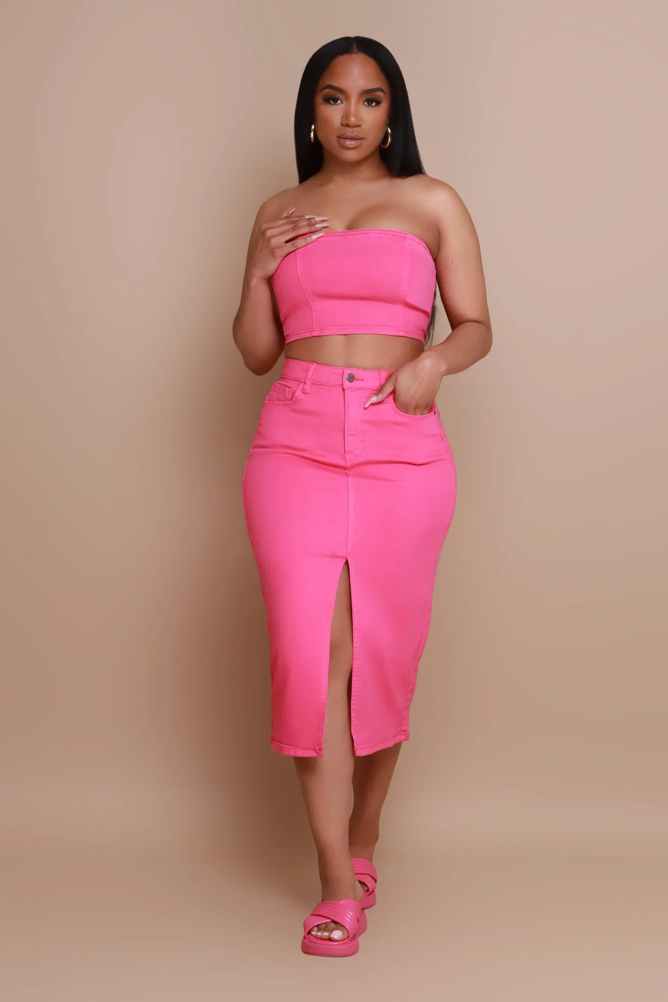 Candy Shop Denim Midi Skirt - Fuchsia