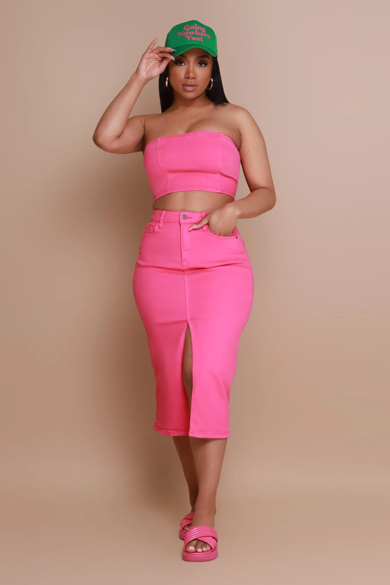 Candy Shop Denim Midi Skirt - Fuchsia