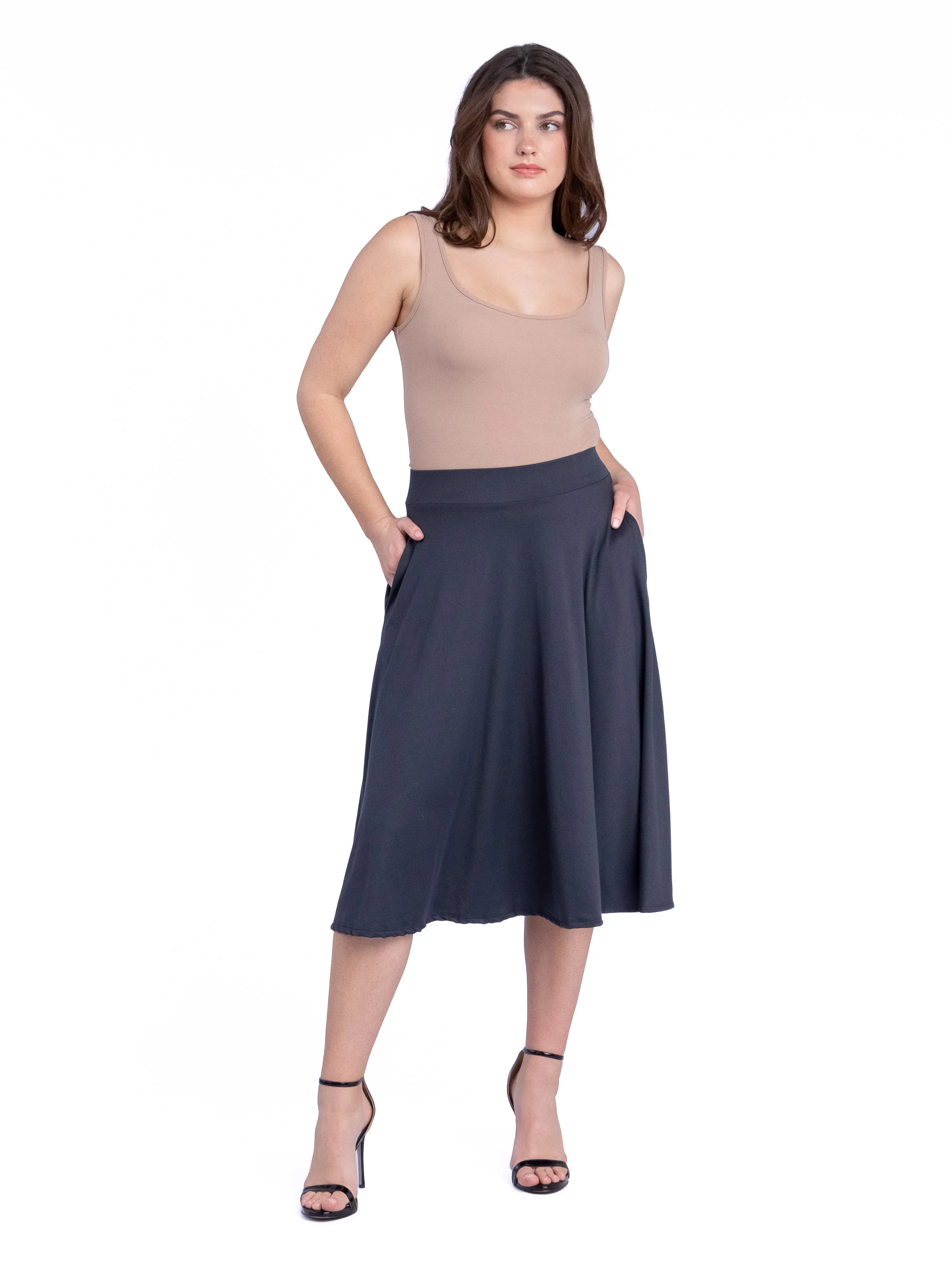 Elastic Waist Pleated Pocket Midi Skirt