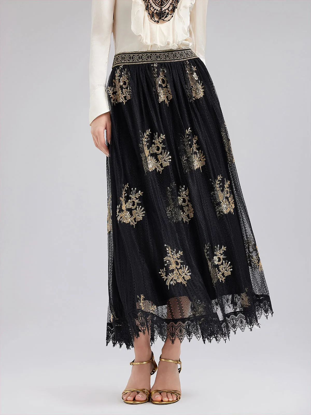 Embroidered Luxe Mesh Skirt