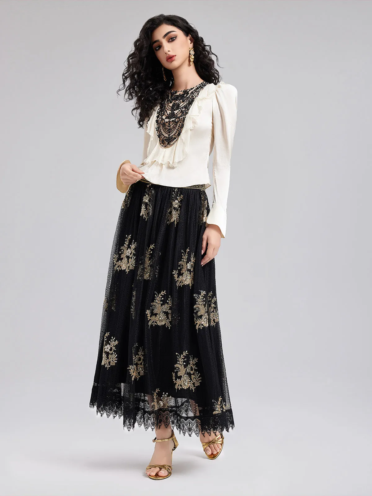 Embroidered Luxe Mesh Skirt