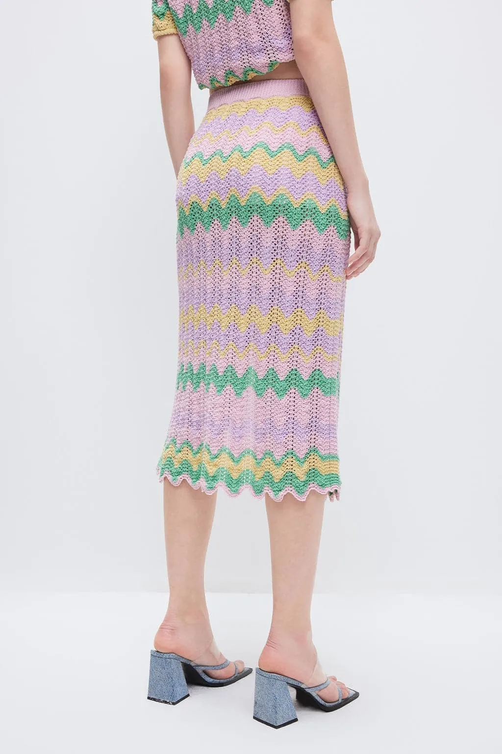 Ethnic-inspired Colorful Wavy Pattern Slit Midi Skirt