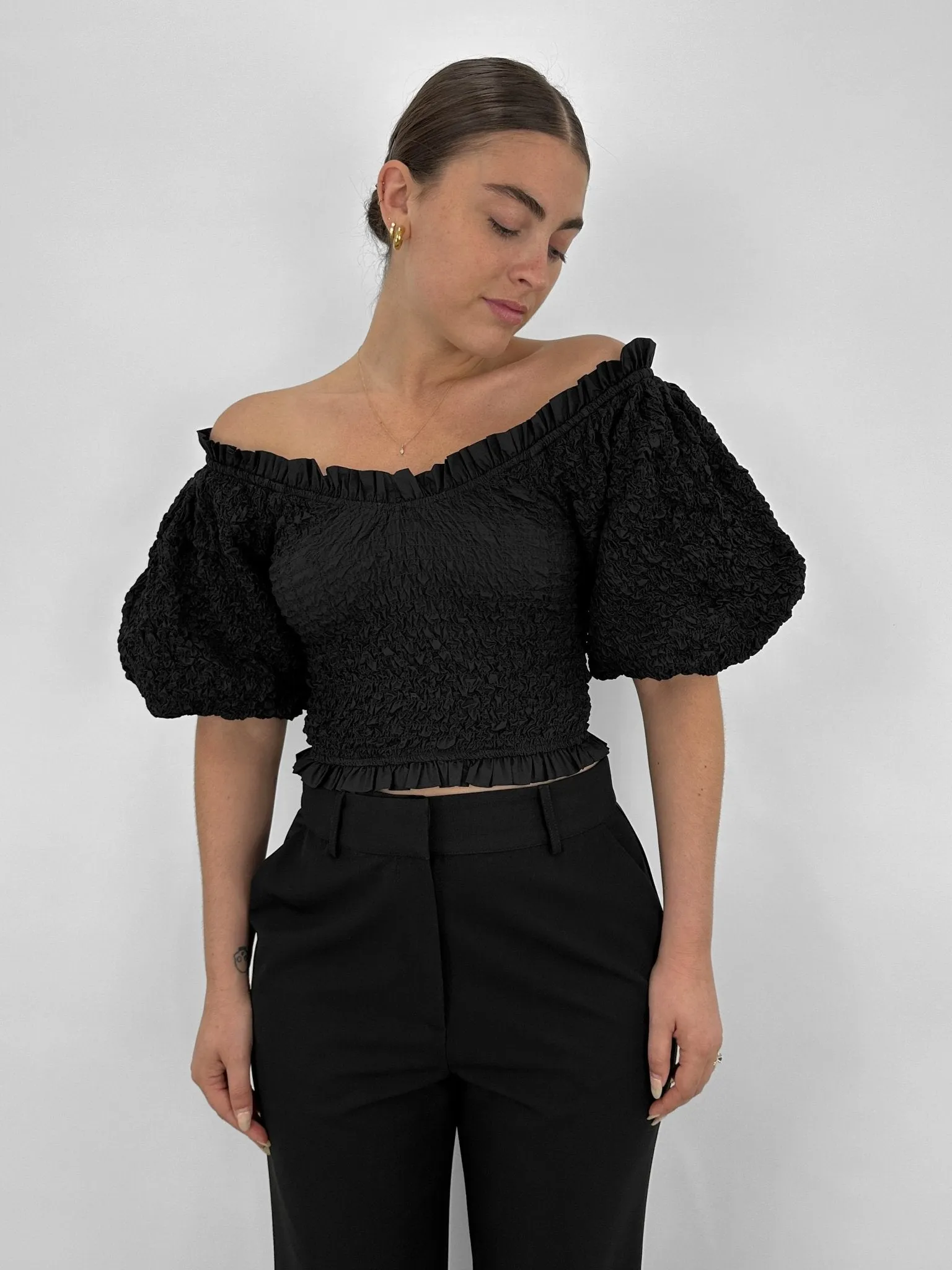 Exaggerated Puff Sleeve Smocked Top