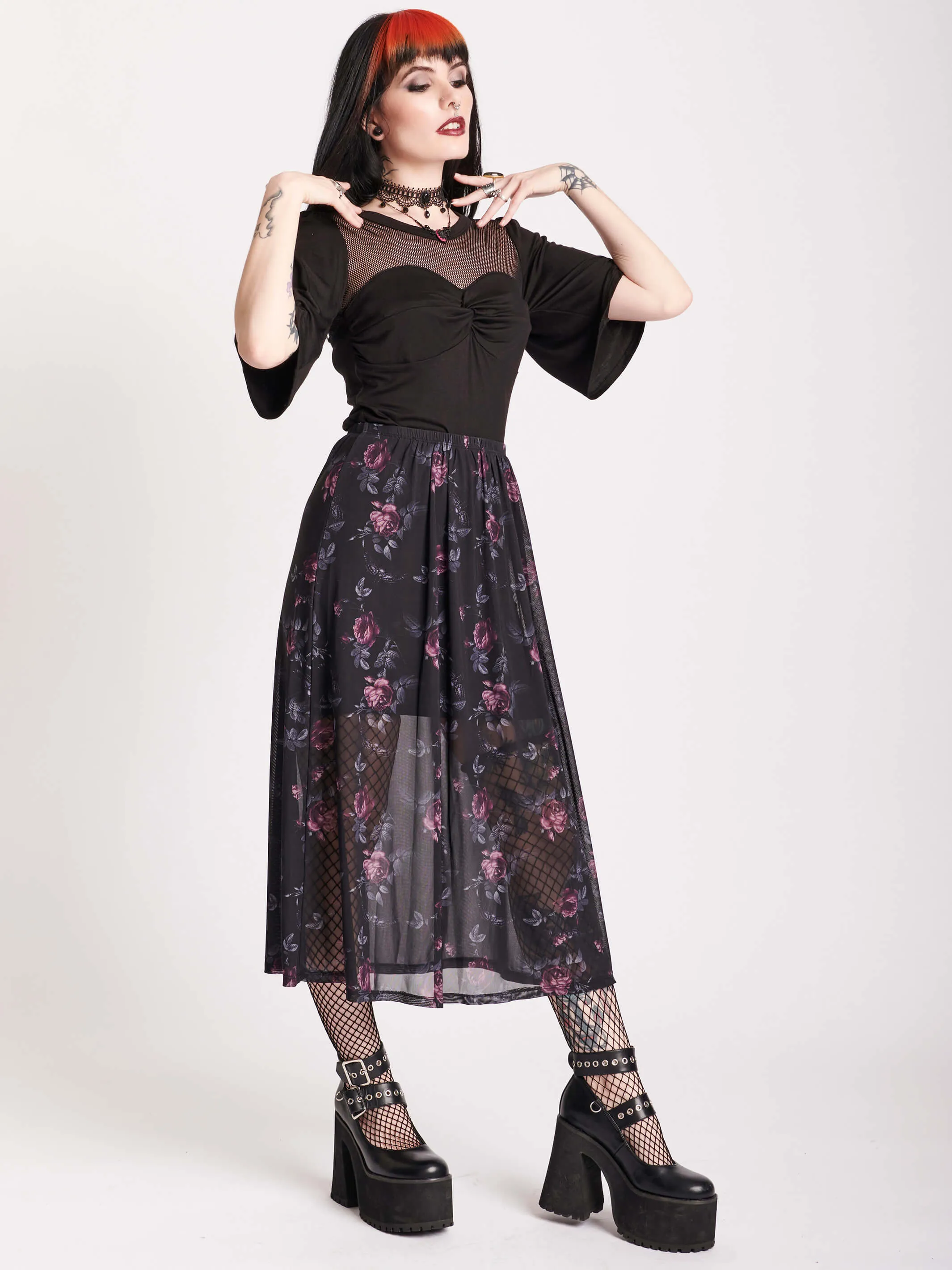 Floral Mesh Midi Skirt