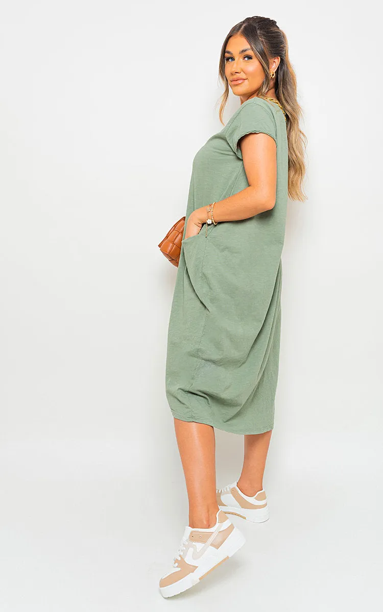 Front Pockets Short Sleeve Midi Dress