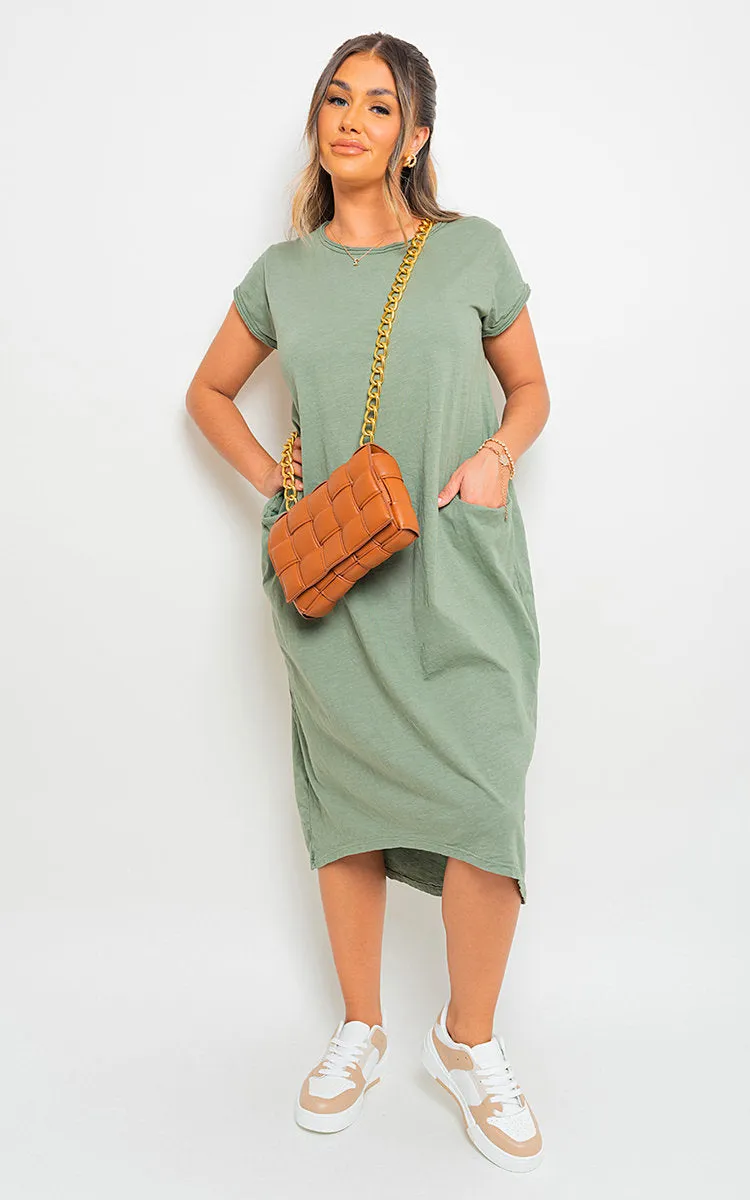 Front Pockets Short Sleeve Midi Dress