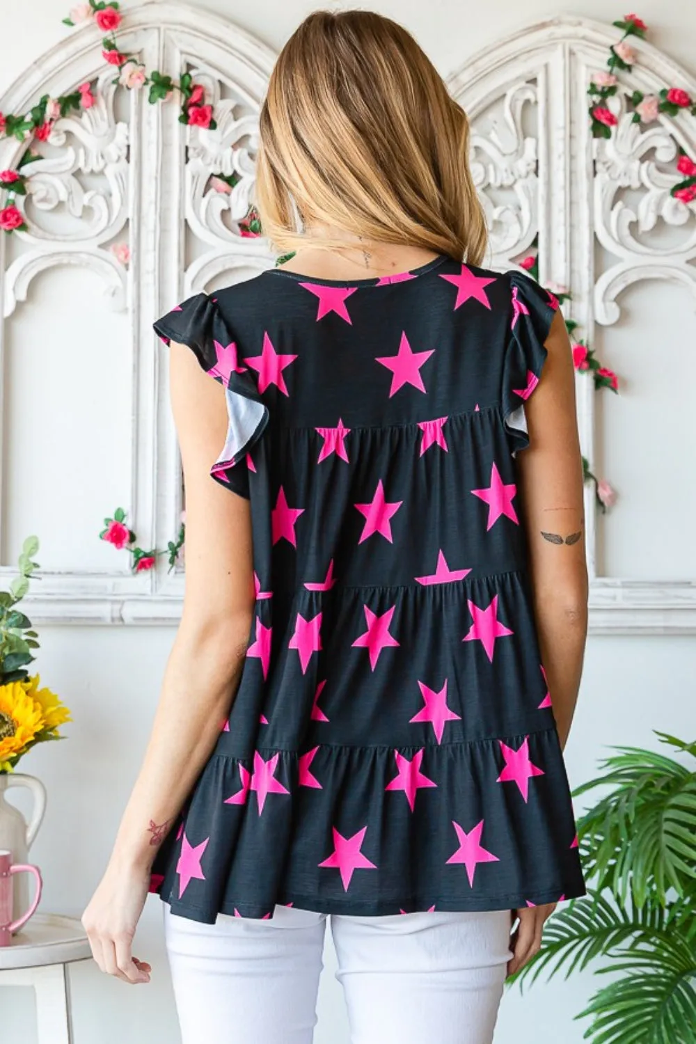 Full Size Round Neck Star Tiered Top