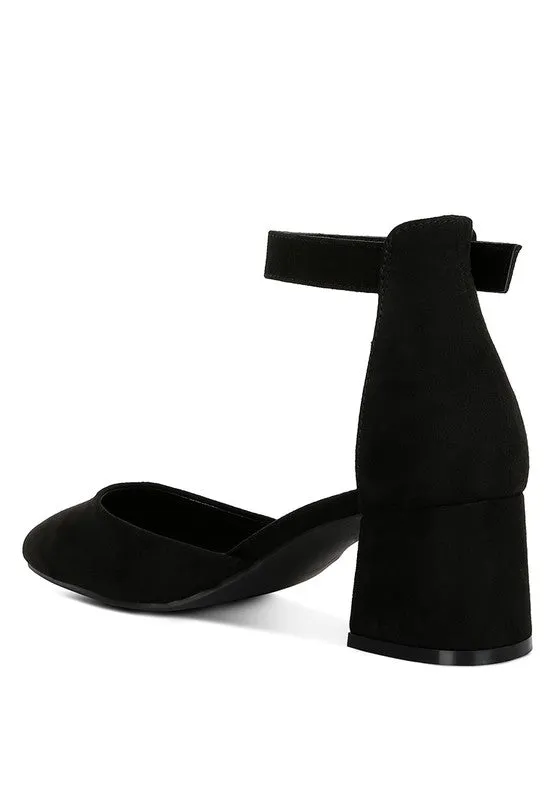 Junie Mid 60s Block Heel Ankle Strap Dress Shoe in Solid Black | Rag & Company