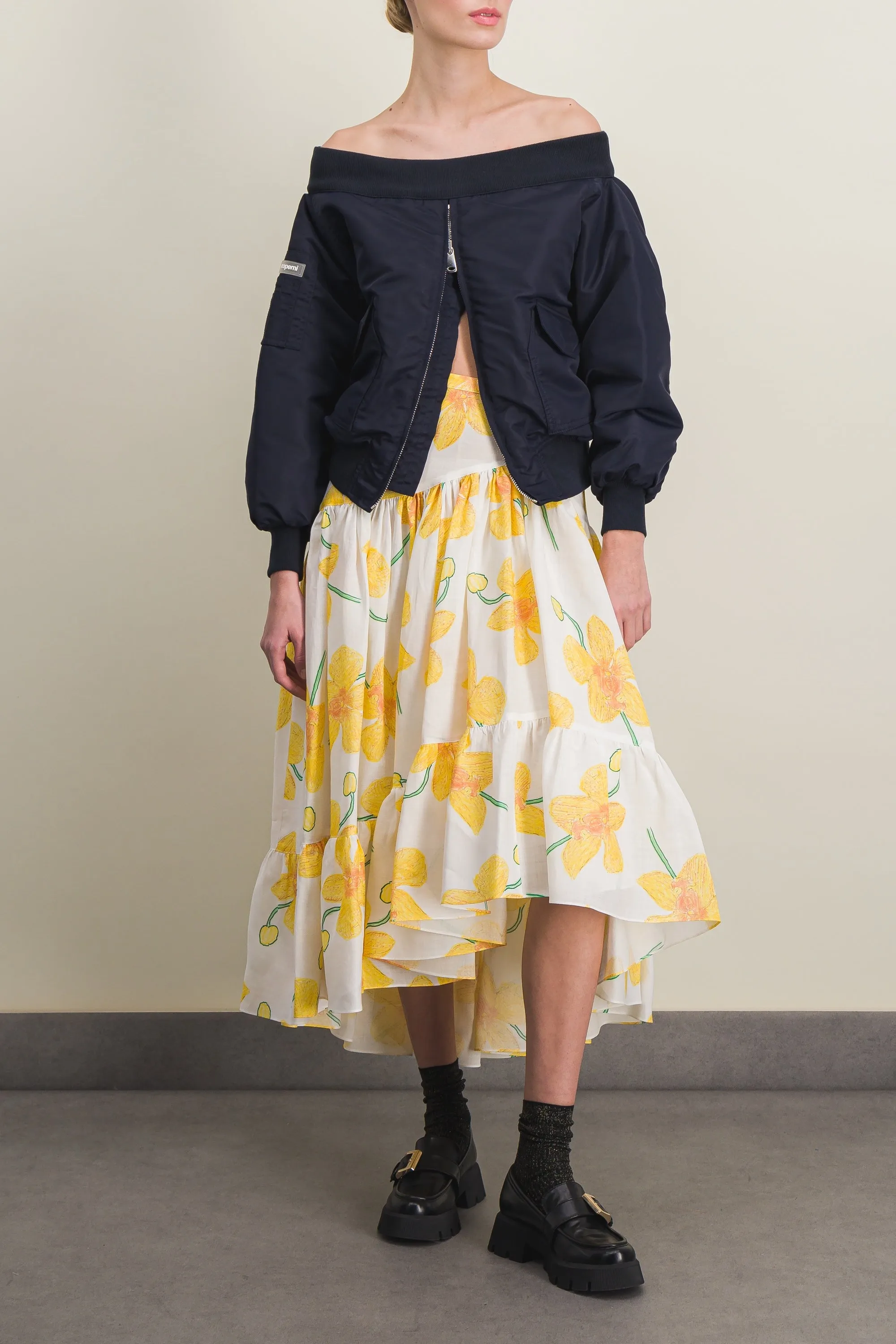 Long asymmetric linen floral skirt