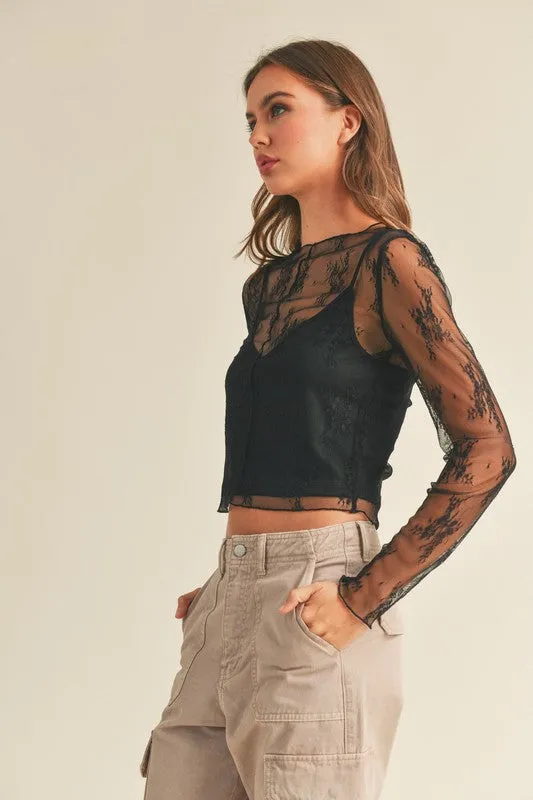 Long Sleeve Lace Fabric W Lining Insert Top