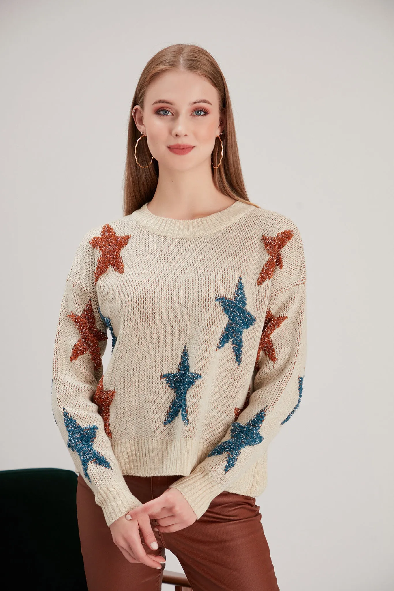 Love And Joy London Colourful Star Jumper In Stone Beige