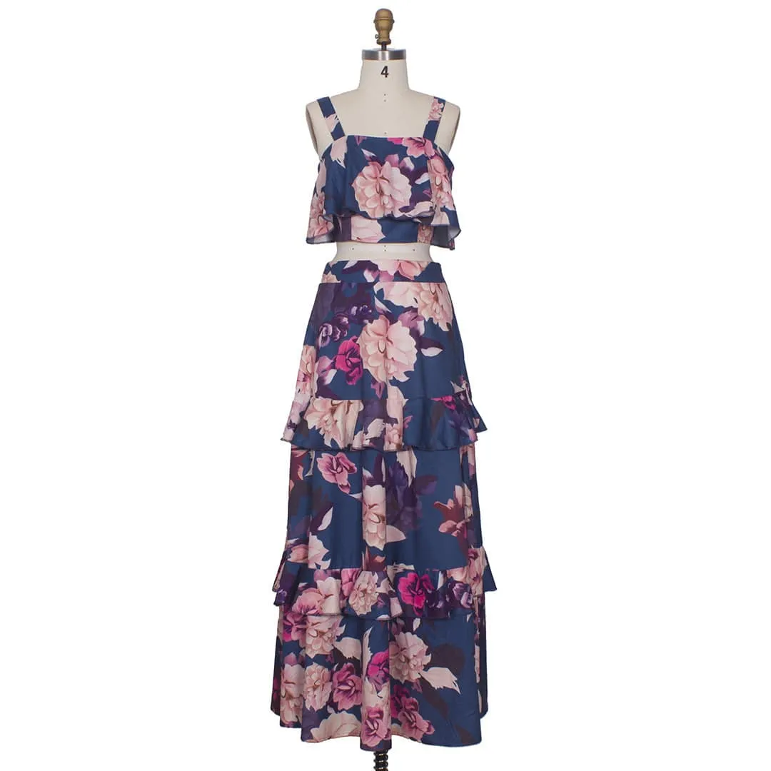 Mertysa Spaghetti Strap Floral Top & Ruffle Long Skirt Set