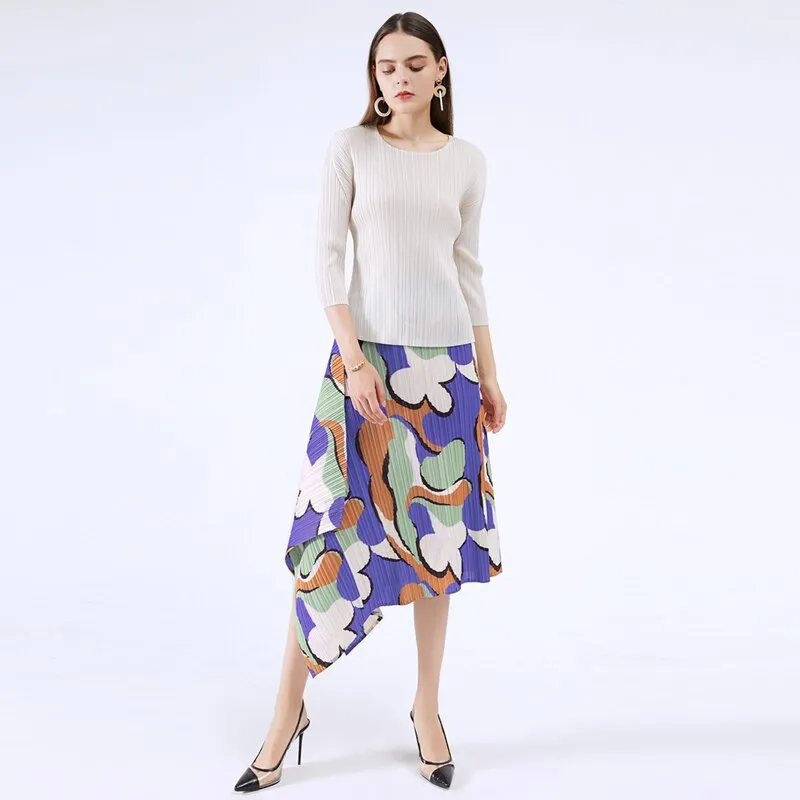 Miyake Pleated Floral Print Asymmetrical Skirt