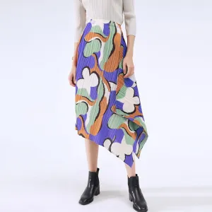 Miyake Pleated Floral Print Asymmetrical Skirt