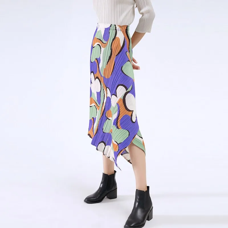 Miyake Pleated Floral Print Asymmetrical Skirt