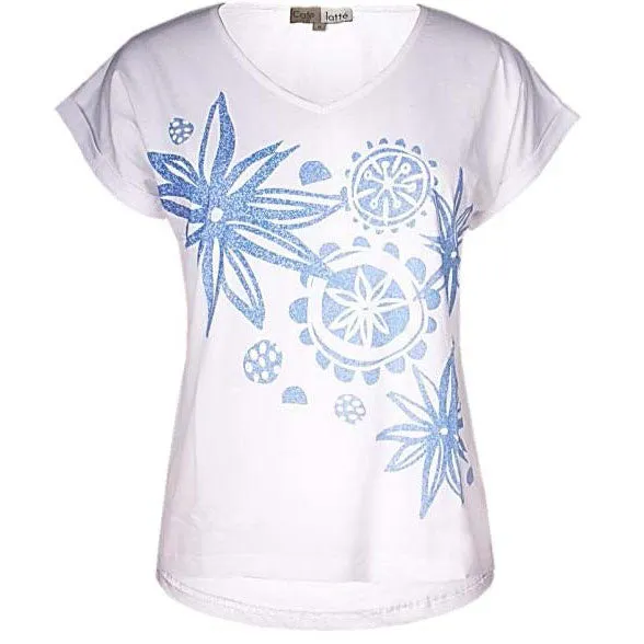 Motif Print V-Neck Tee - Blue Summer