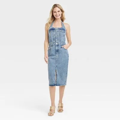 New - Universal Thread Women's Midi Halter Denim Dress