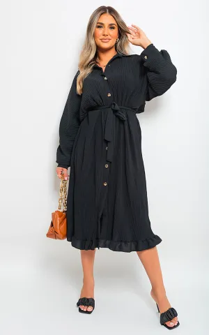 Pleated Frill Button Tie Waist Midi Dress