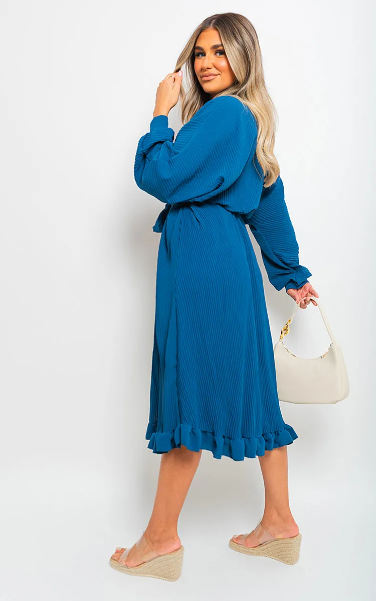 Pleated Frill Button Tie Waist Midi Dress