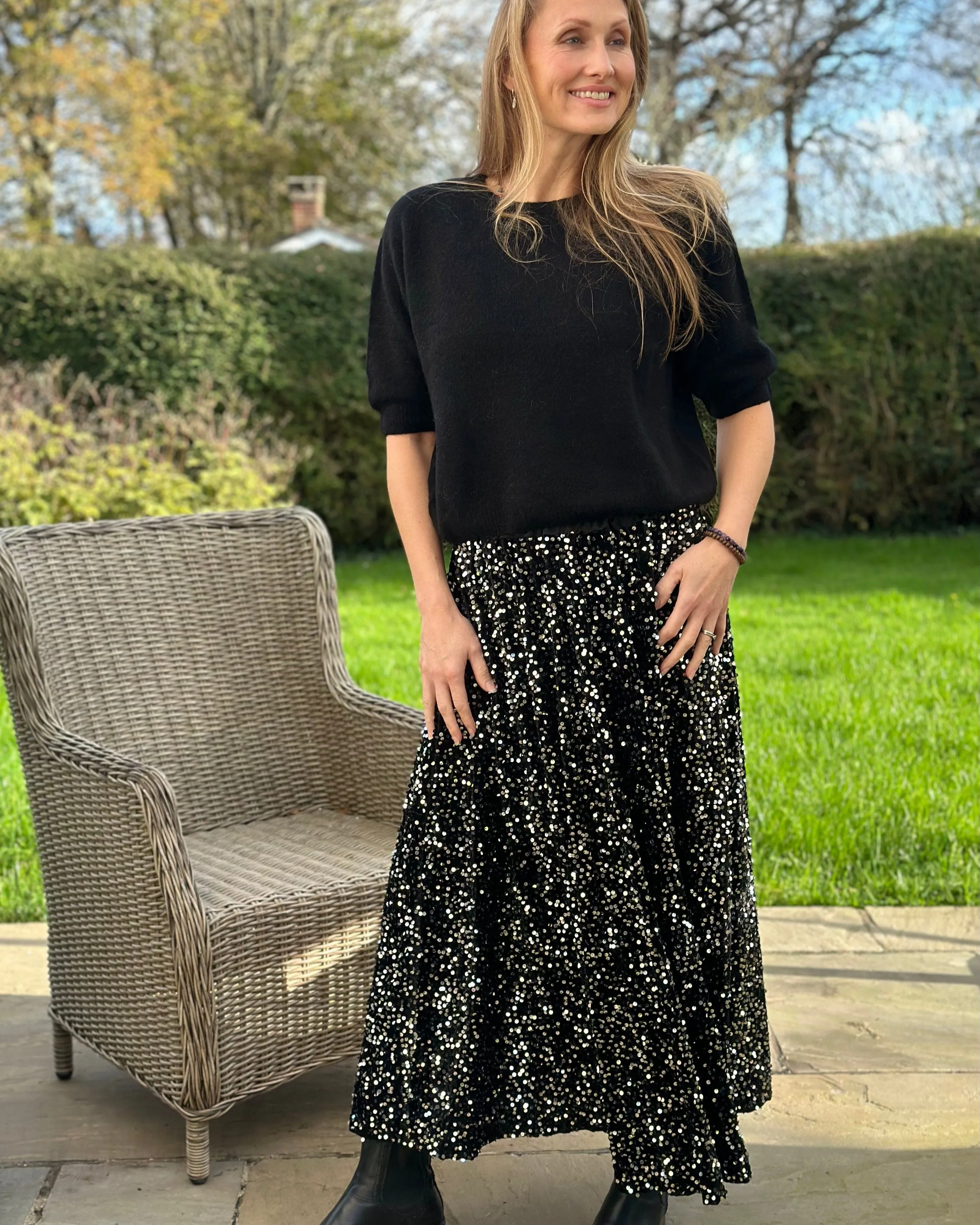 Sequin & Velvet Skirt - Black/Silver