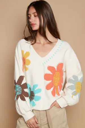 V-Neck Long Sleeve Flower Fringe Sweater