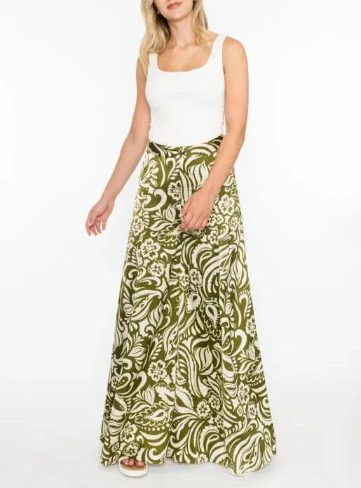 Verdant Gleam Paisley Printed Satin Wide Leg Pants