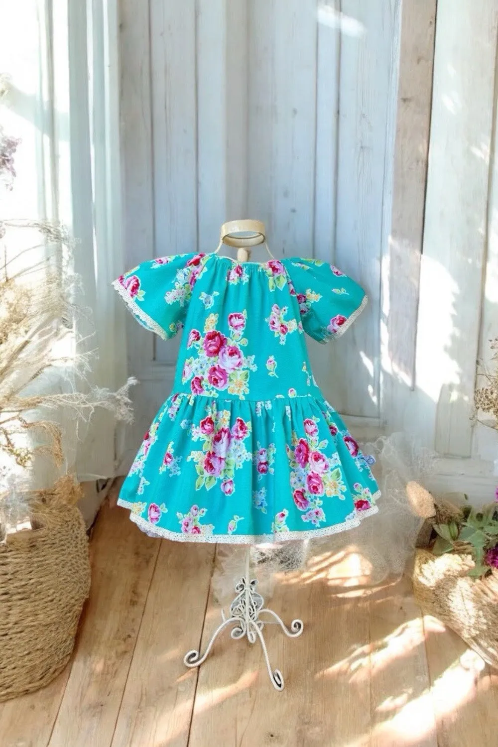 Vintage Seaside Dress | Lecien Flower Sugar | Turquoise ~ Sz 3